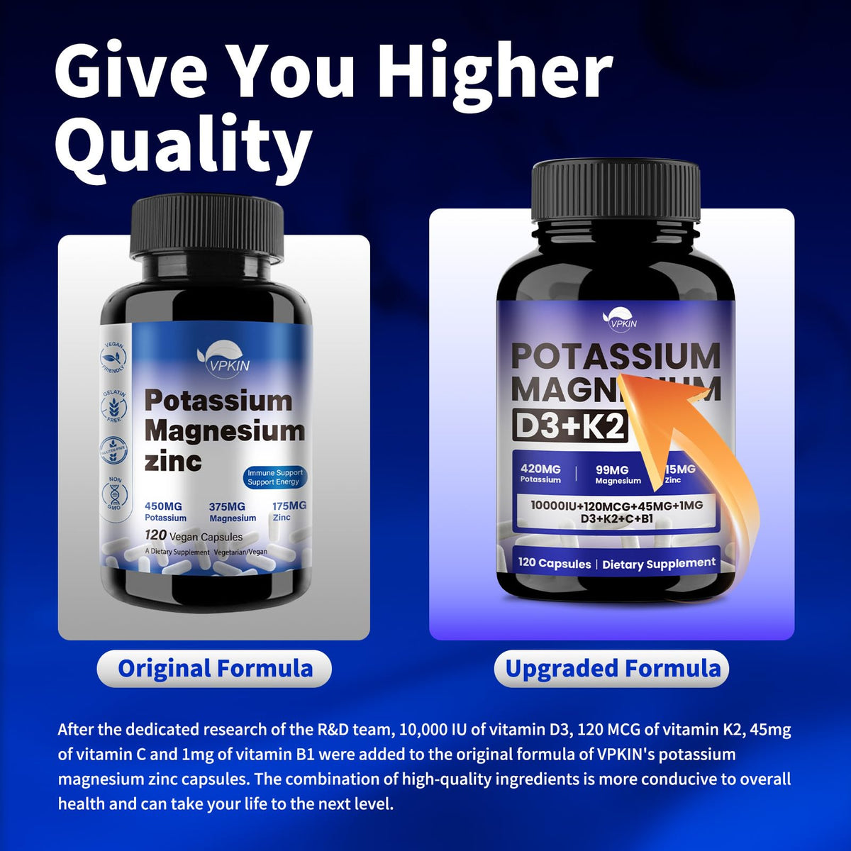 VPKIN Potassium Magnésium Zinc D3 K2 capsules vegan