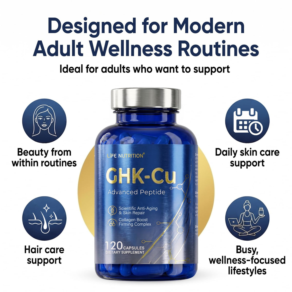 Vue 3/4 de la bouteille Life Nutrition GHK-Cu