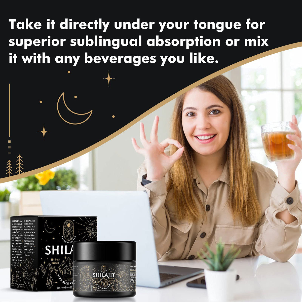 Vue aérienne de la résine de Shilajit sur une table en bois