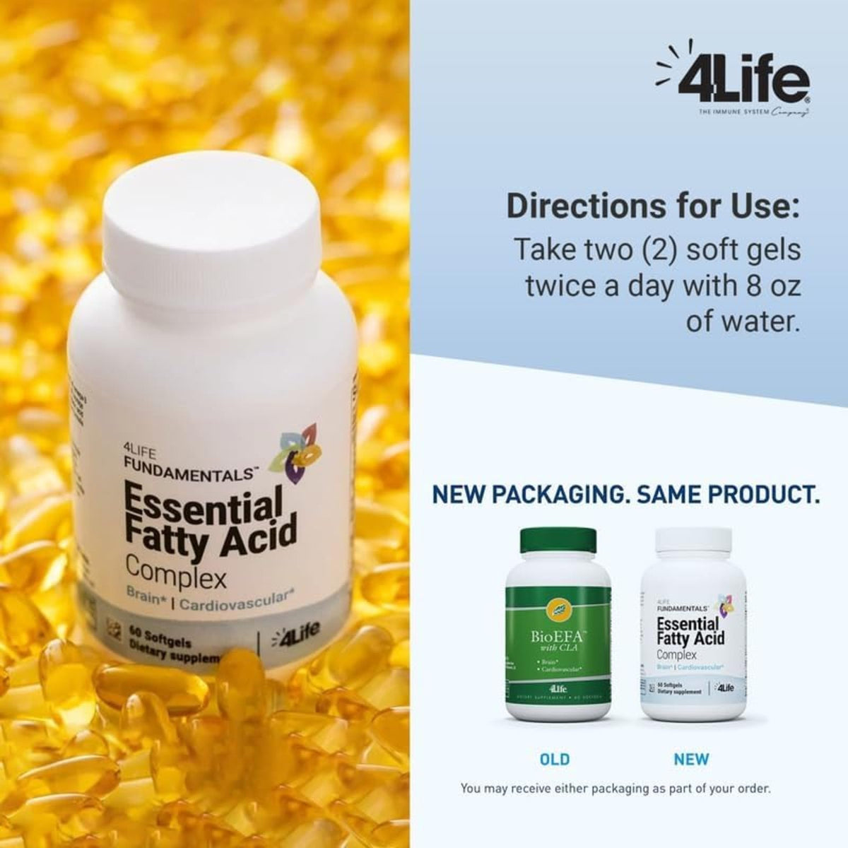 Vue arrière de l'emballage 4Life Complexe d'Acides Gras Essentiels Omega 3 6