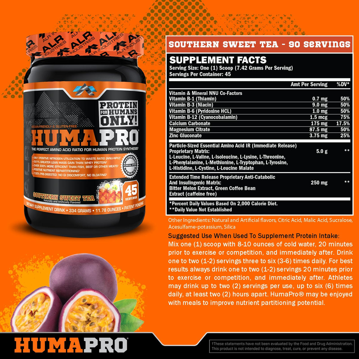 Vue arrière de l'emballage ALR Industries Humapro, ingrédients et informations nutritionnelles