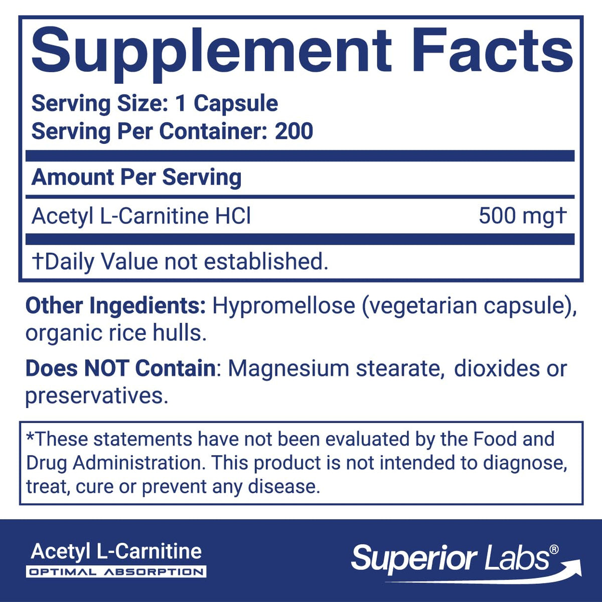 Vue arrière de l'emballage d'Acetyl L-Carnitine 500 mg