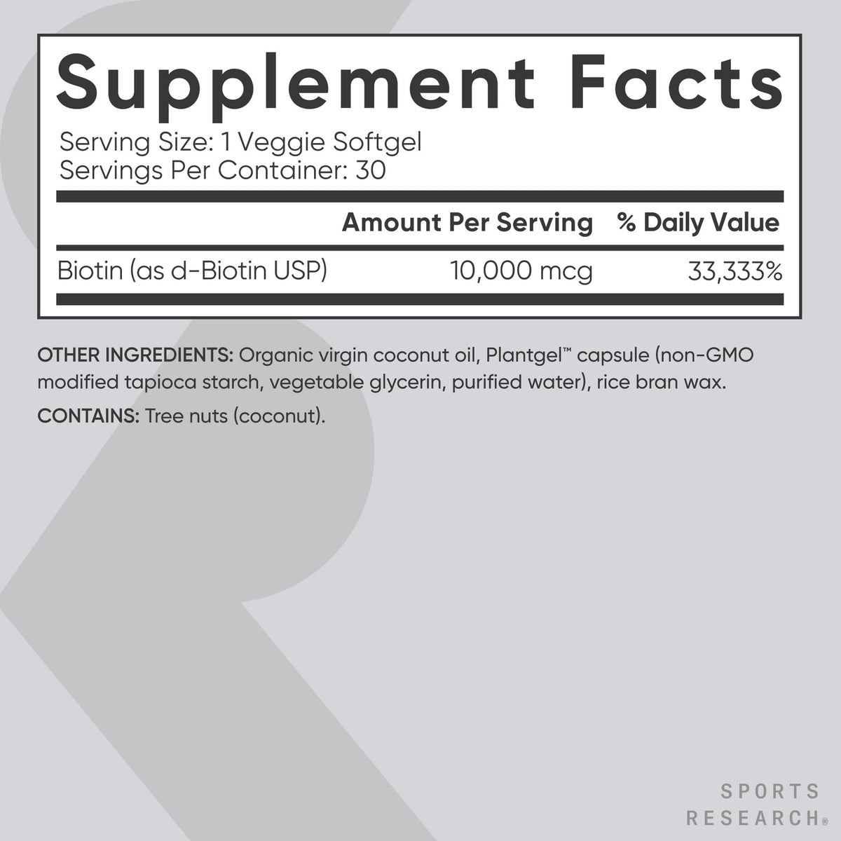 Vue arrière de l'emballage de biotine Sports Research