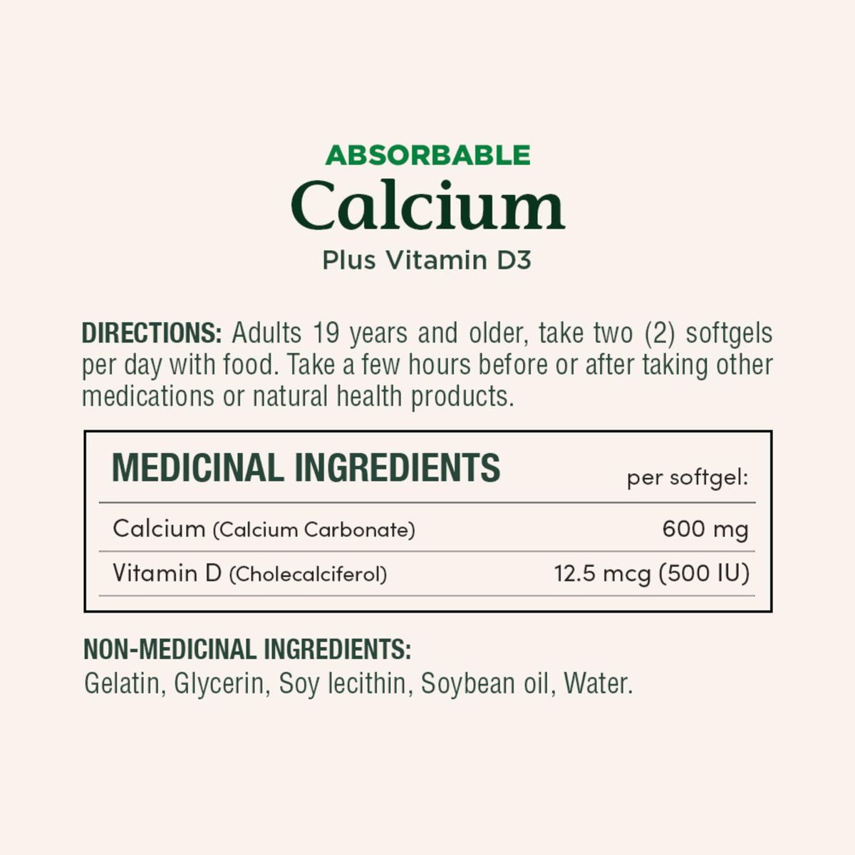 Vue arrière de l'emballage de Calcium 1200mg Nature's Bounty