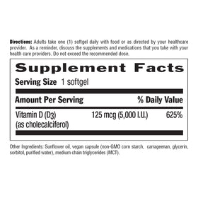 Vue arrière de l'emballage de Country Life Vitamine D3 5000 IU Vegan