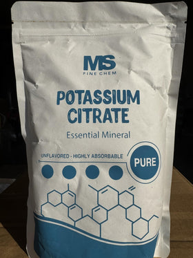 Vue arrière de l'emballage de la poudre de citrate de potassium MS Finechem