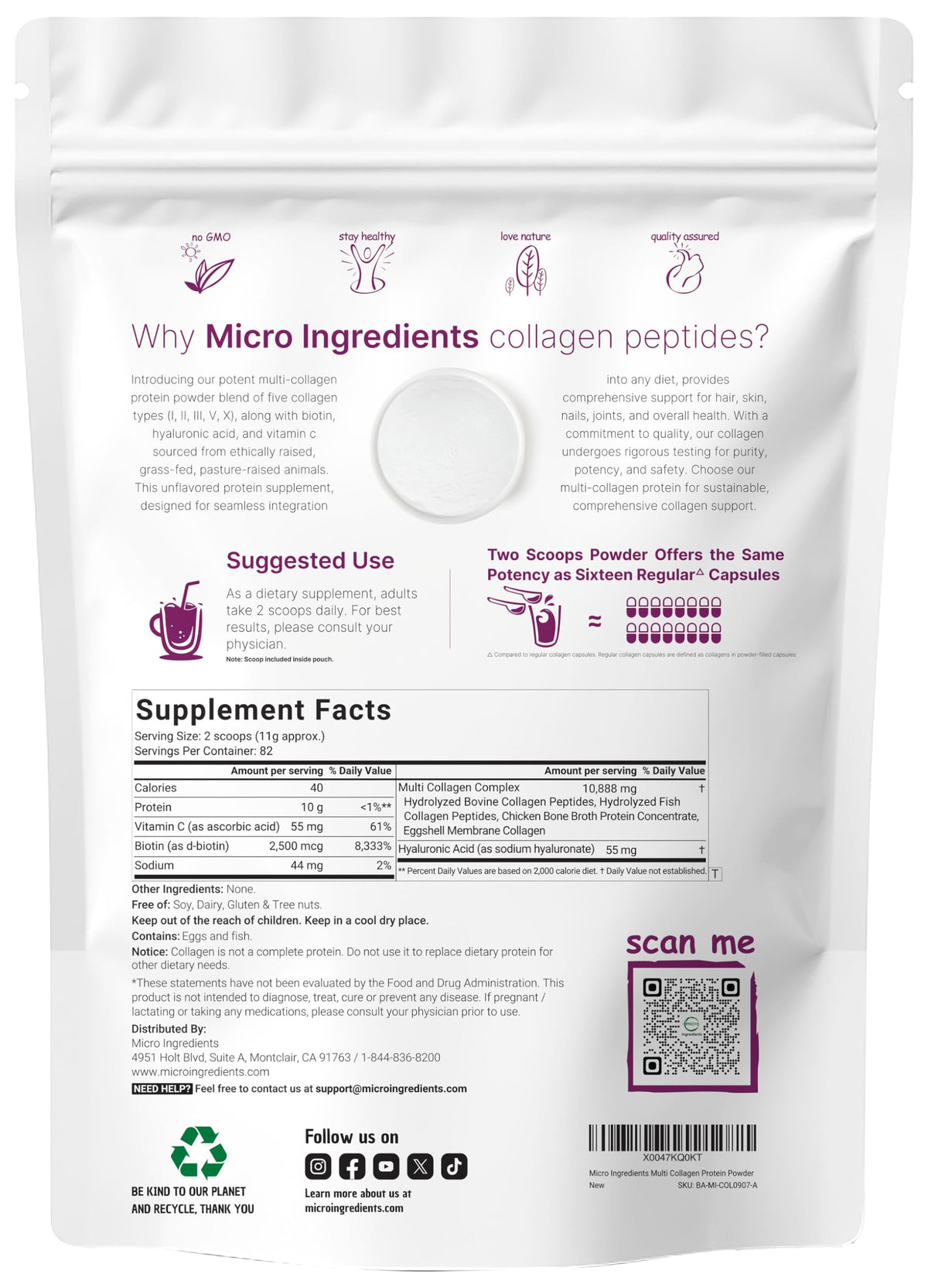 Vue arrière de l'emballage de la poudre de collagène Micro Ingredients