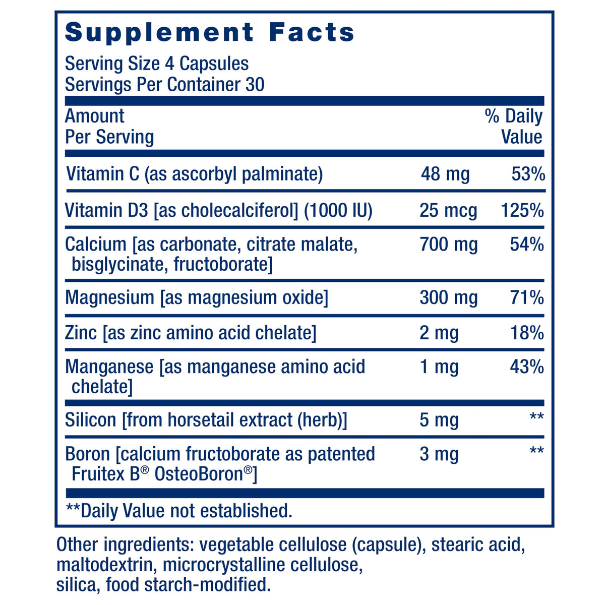 Vue arrière de l'emballage de Life Extension Bone Restore Calcium