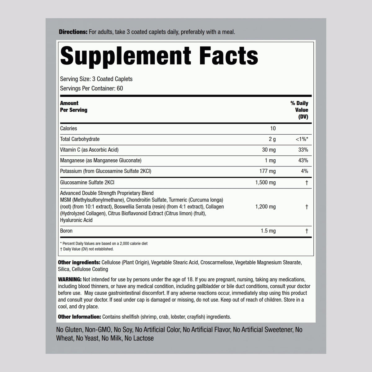 Vue arrière de l'emballage de Piping Rock Glucosamine Chondroitin MSM
