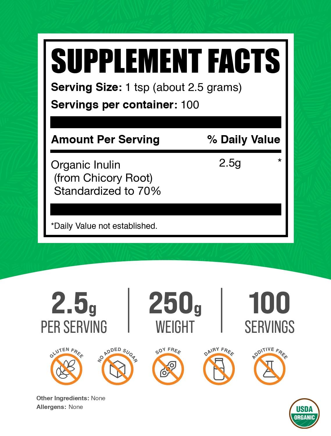Vue arrière de l'emballage de poudre d'inuline bio BulkSupplements