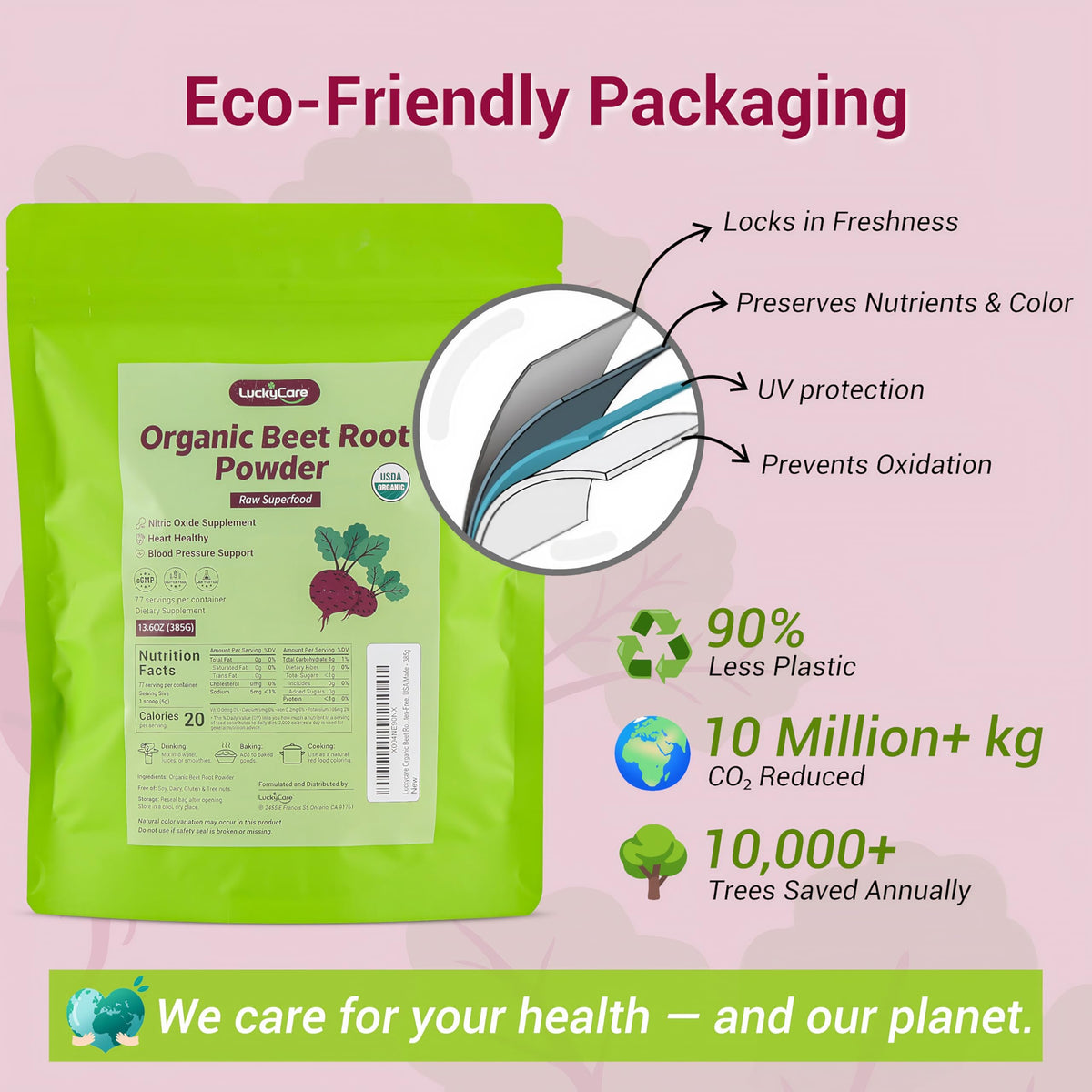 Vue arrière de l'emballage de poudre de betterave bio Luckycare
