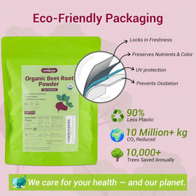 Vue arrière de l'emballage de poudre de betterave bio Luckycare