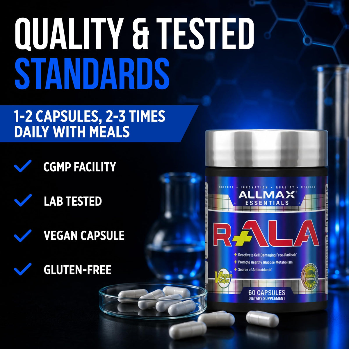 Vue arrière de l'emballage des capsules ALLMAX R+ALA