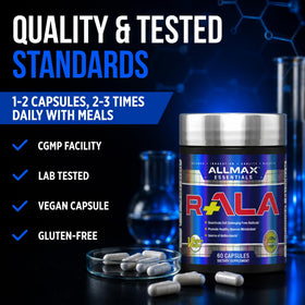 Vue arrière de l'emballage des capsules ALLMAX R+ALA