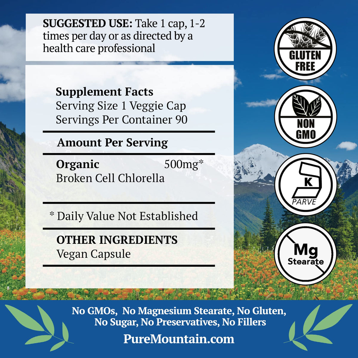 Vue arrière de l'emballage des capsules de chlorella Pure Mountain Botanicals