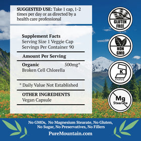 Vue arrière de l'emballage des capsules de chlorella Pure Mountain Botanicals