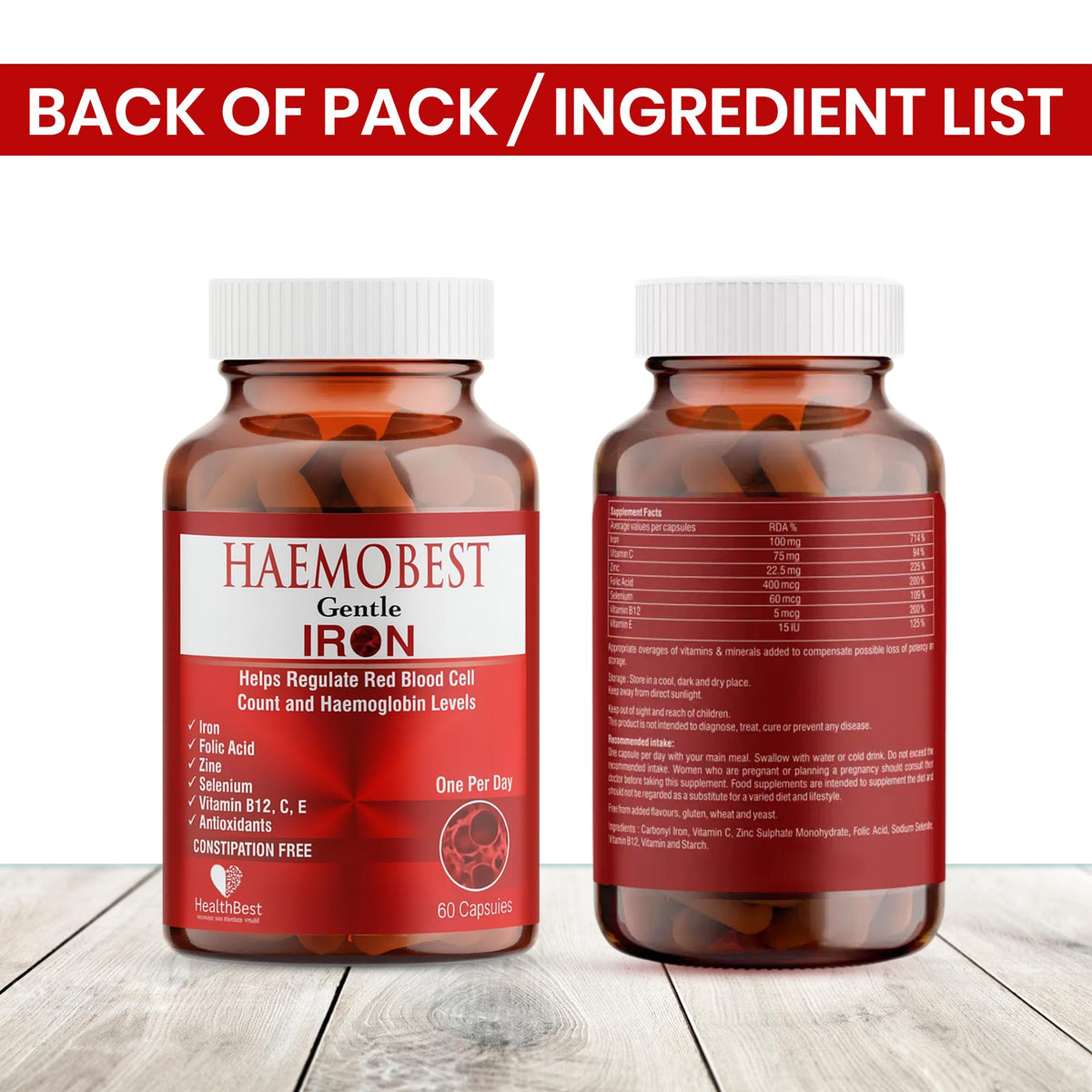 Vue arrière de l'emballage des capsules de fer HealthBest
