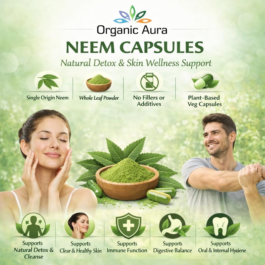 Vue arrière de l'emballage des capsules de Neem Organic Aura