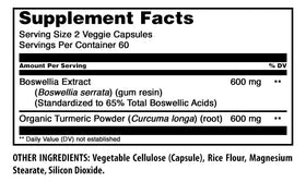 Vue arrière de l'emballage des capsules végétales Amazing Nutrition Boswellia et Curcuma