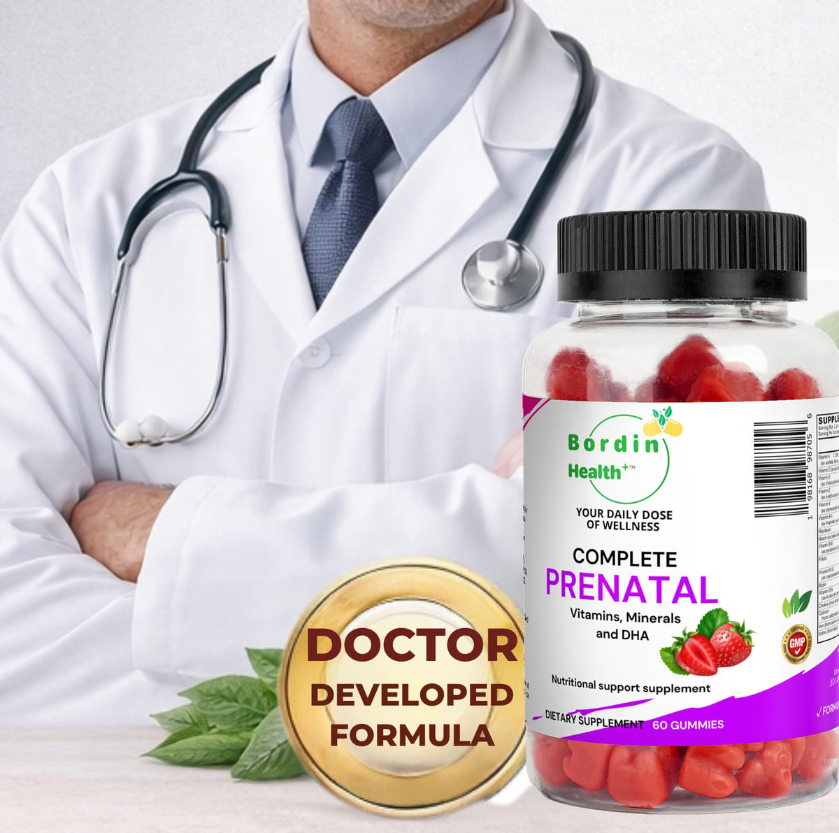 Vue arrière de l'emballage des gummies prénatales Bordin Health