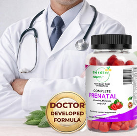 Vue arrière de l'emballage des gummies prénatales Bordin Health