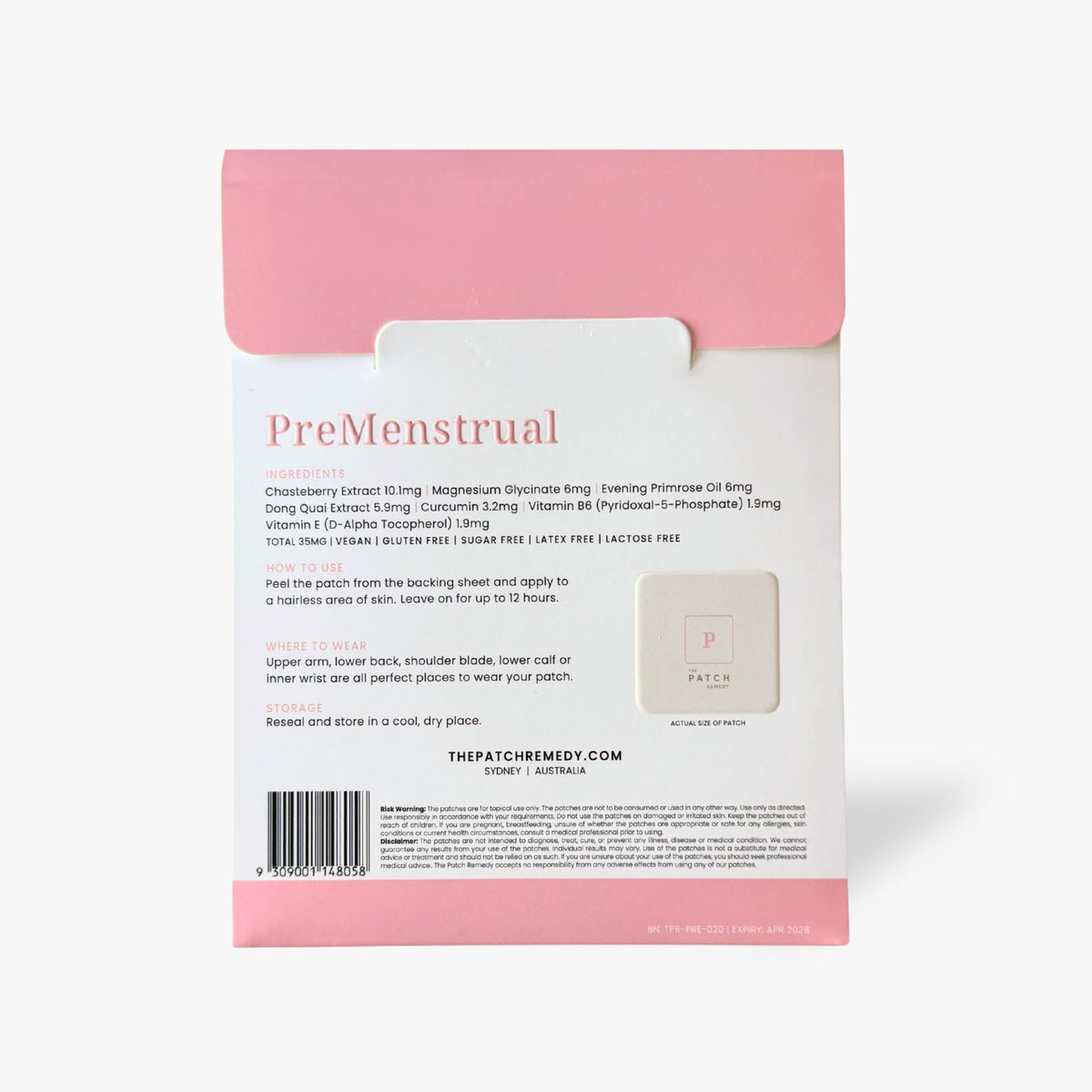 Vue arrière de l'emballage des patches pré-menstruels The Patch Remedy