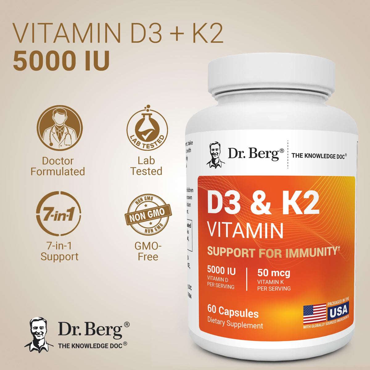 Vue arrière de l'emballage du complément D3 K2 de Dr. Berg Nutritionals