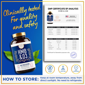 Vue arrière de l'emballage du complément HMB 1 000 mg et Vitamine D3