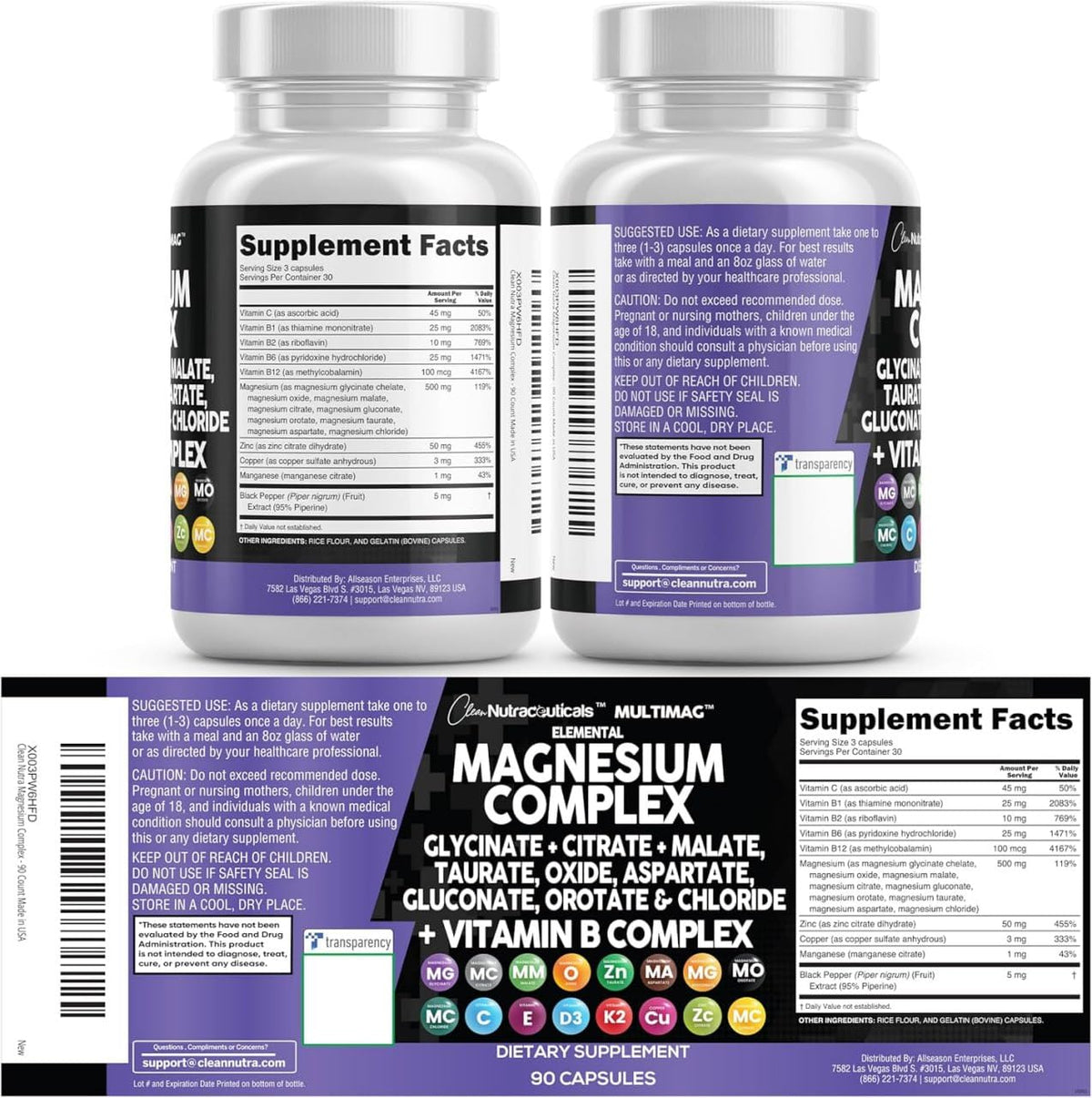 Vue arrière de l'emballage du complexe de magnésium Clean Nutraceuticals