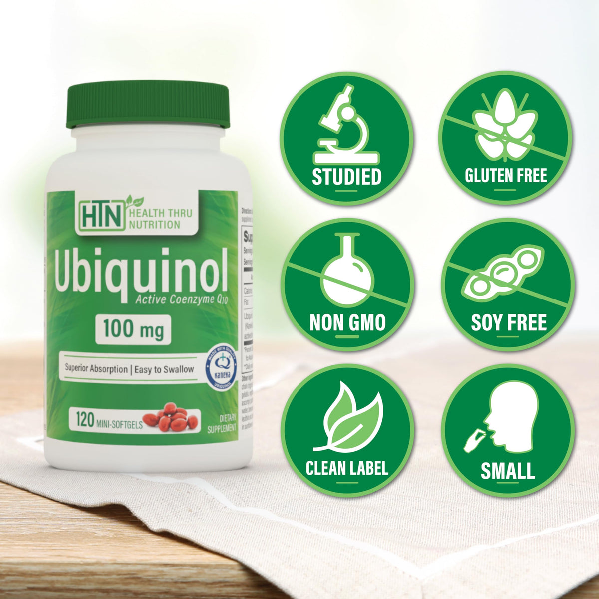 Vue arrière de l'emballage Ubiquinol 100 mg Health Thru Nutrition