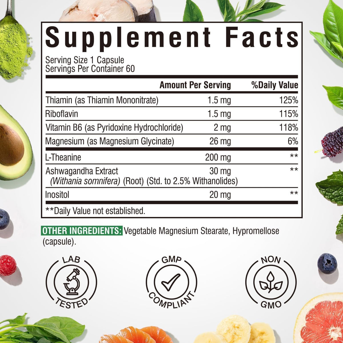 Vue arrière de l'emballage Vitalibre L-Theanine 200mg avec informations nutritionnelles