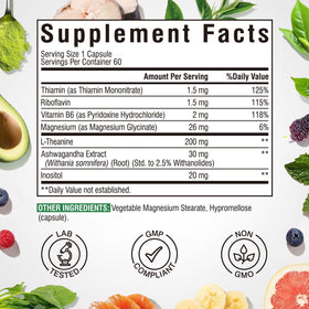 Vue arrière de l'emballage Vitalibre L-Theanine 200mg avec informations nutritionnelles