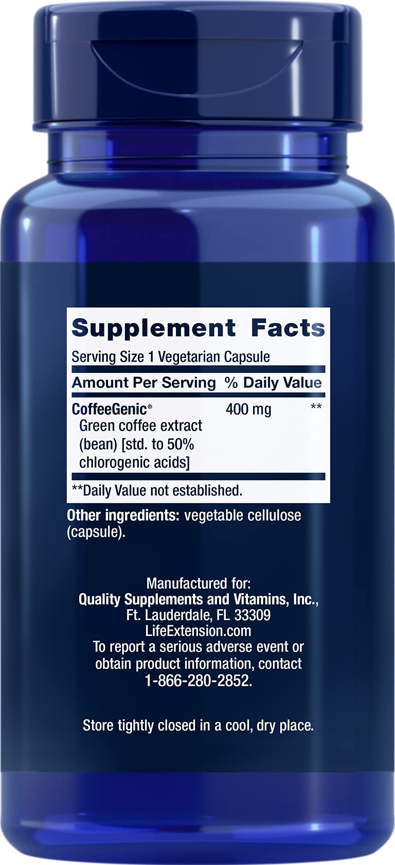 Vue arrière de l'extrait de café vert Life Extension 400 mg