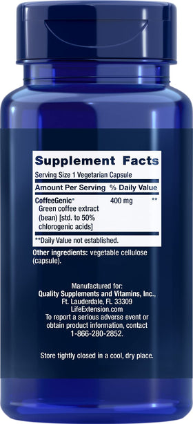 Vue arrière de l'extrait de café vert Life Extension 400 mg