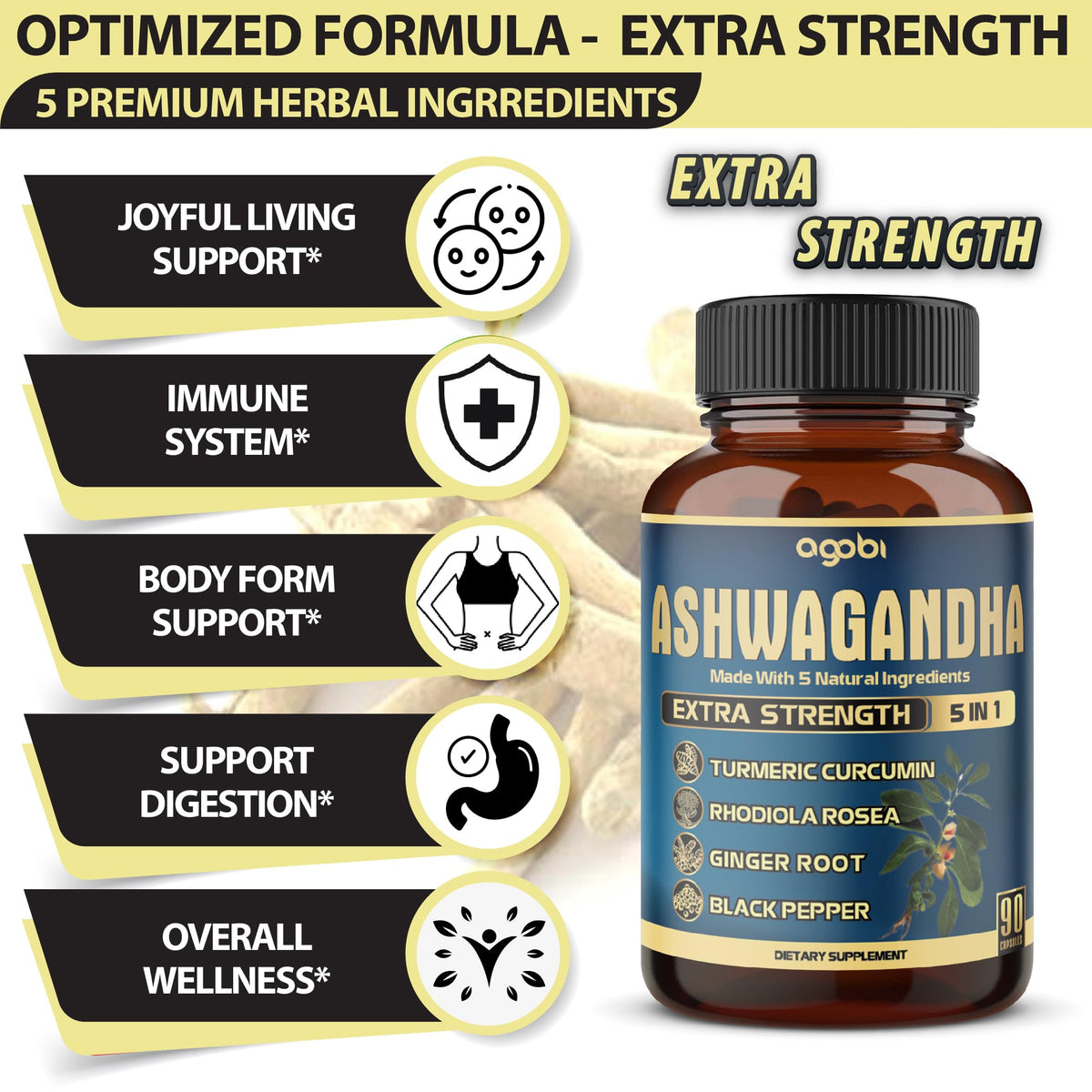 Vue arrière de la boîte de capsules d'Ashwagandha agobi
