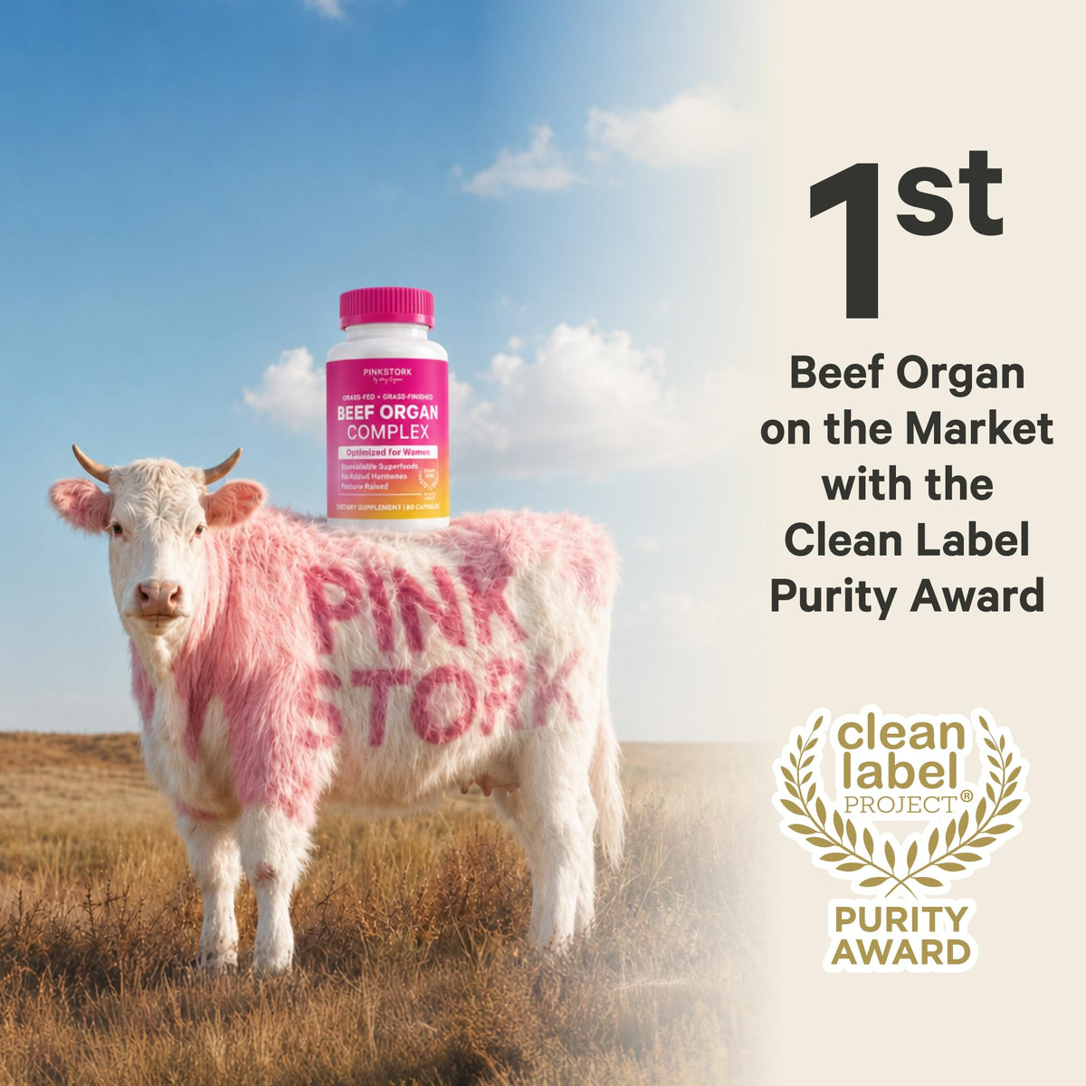 Vue arrière de la boîte de complément alimentaire organique de bœuf Pink Stork