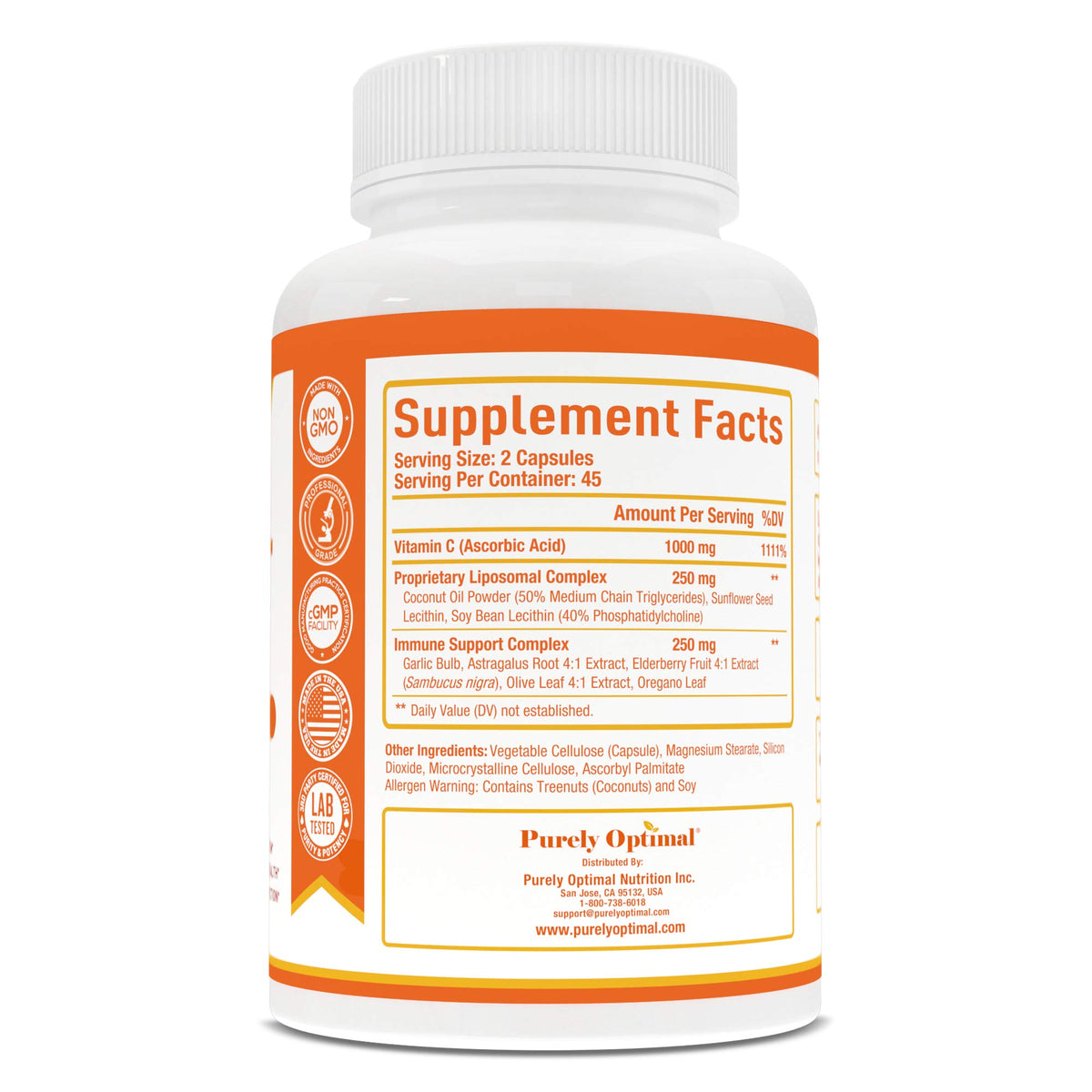 Vue arrière de la boîte de Vitamine C Liposomal Purely Optimal
