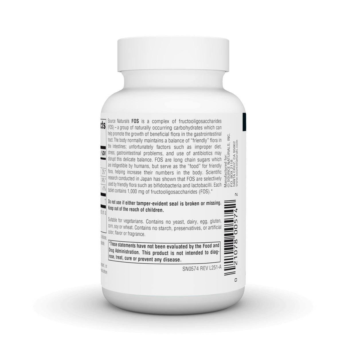 Vue arrière de la boîte Source Naturals FOS 1000 mg