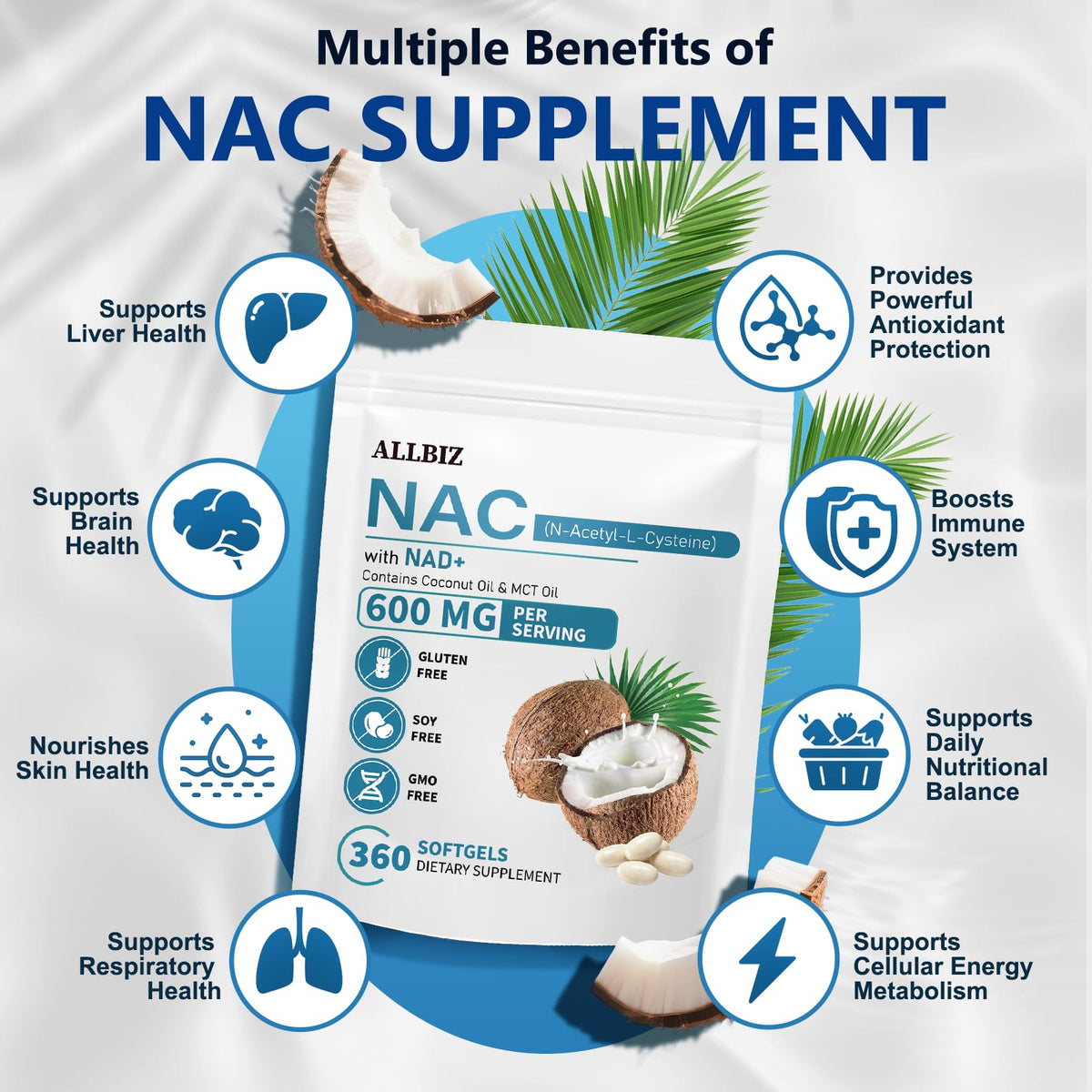Vue arrière de la bouteille ALLBIZ NAC 600mg avec informations nutritionnelles