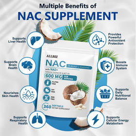 Vue arrière de la bouteille ALLBIZ NAC 600mg avec informations nutritionnelles