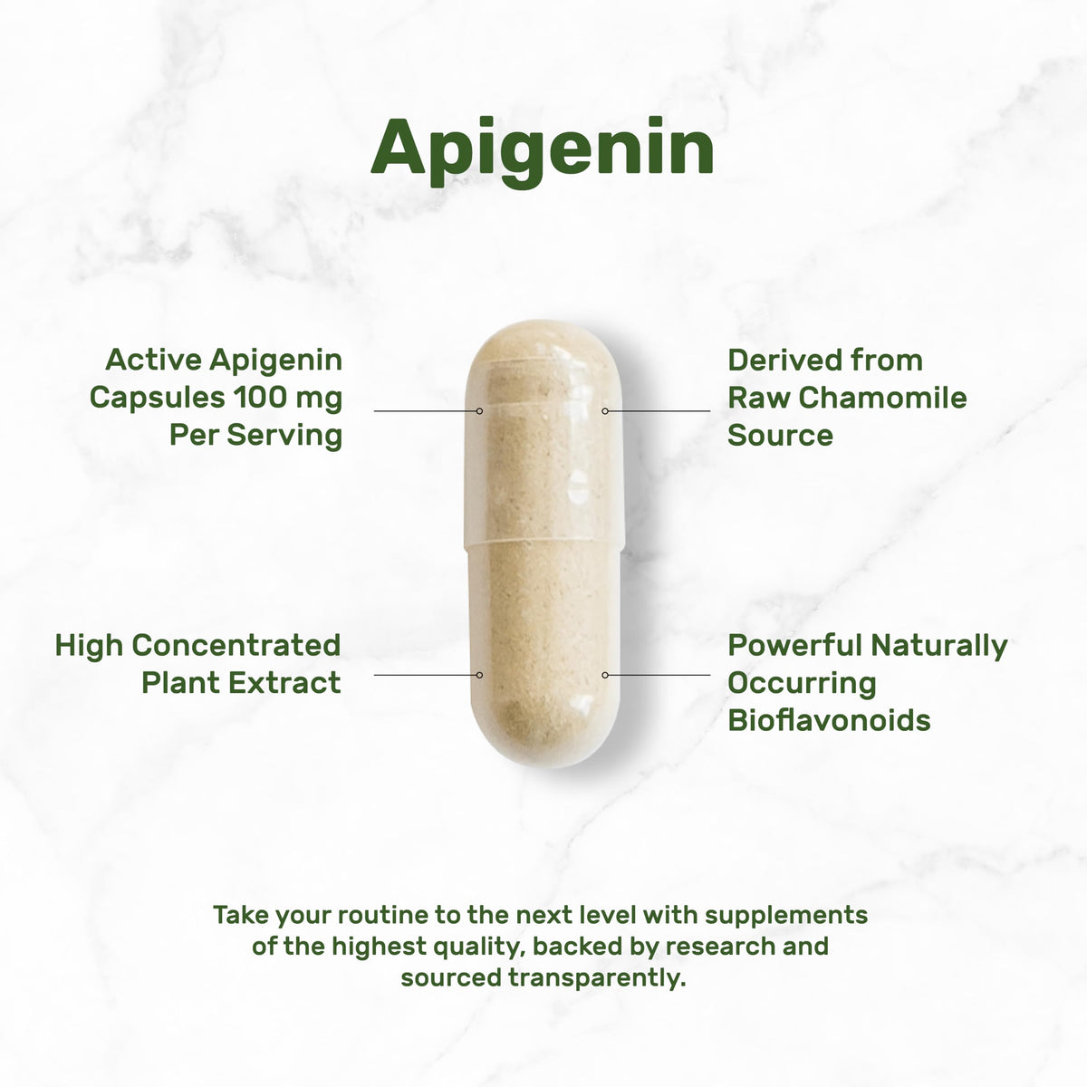 Vue arrière de la bouteille d'apigénine avec informations nutritionnelles