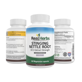 Vue arrière de la bouteille d'extrait de racine d'ortie Real Herbs