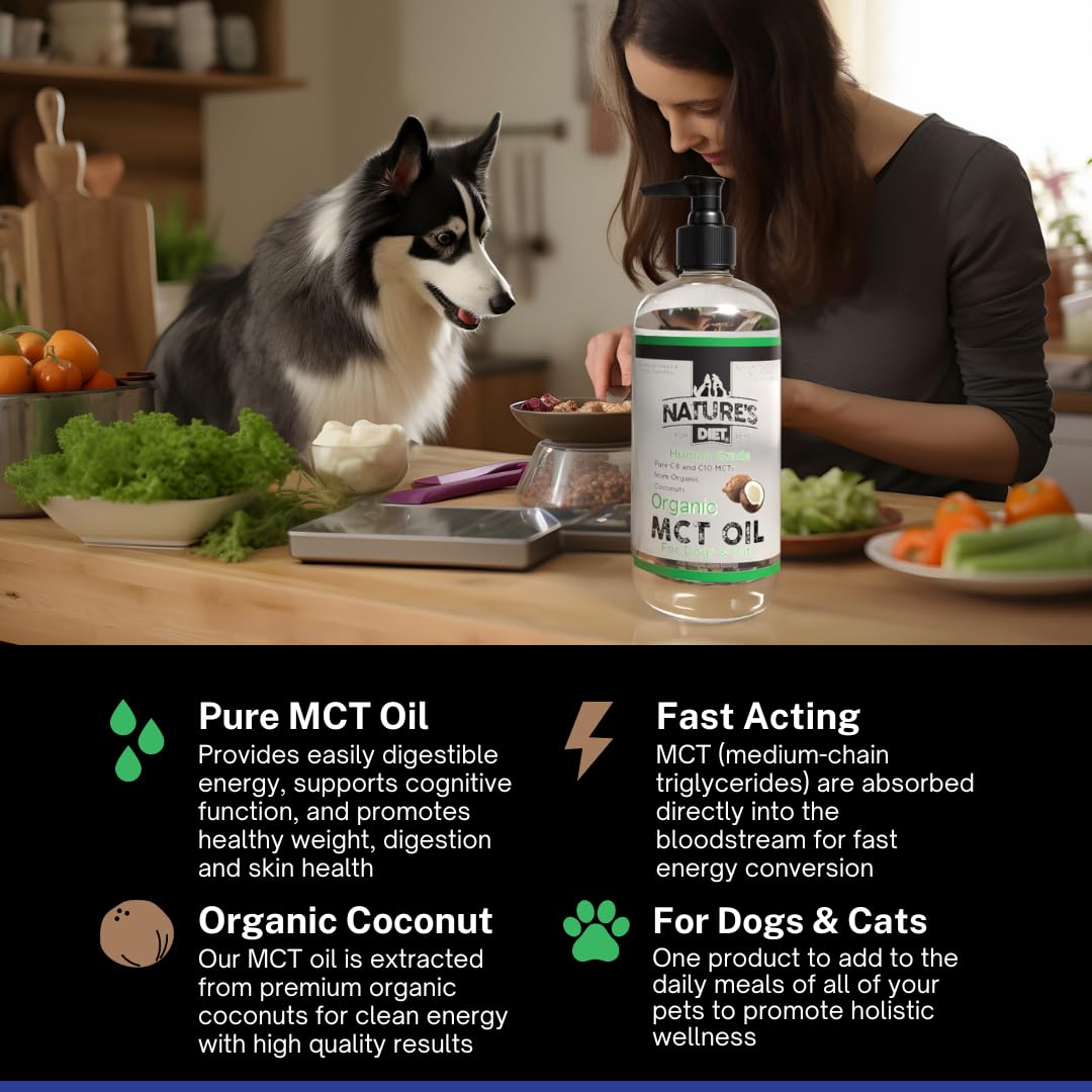Vue arrière de la bouteille d'huile MCT Nature's Diet pour animaux