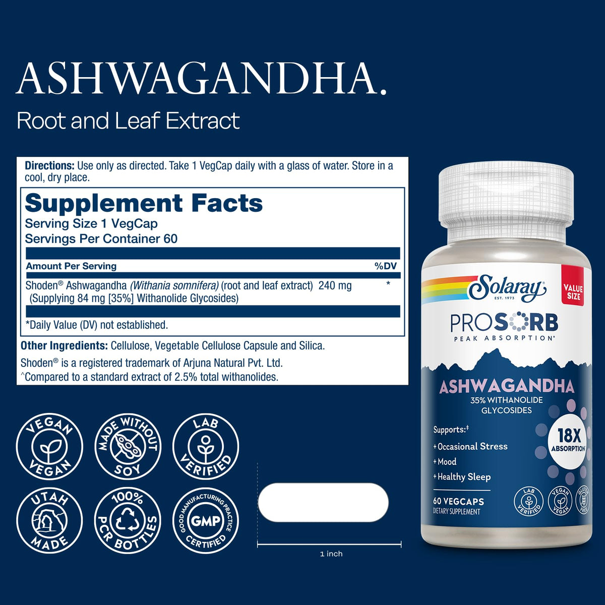 Vue arrière de la bouteille de capsules d'Ashwagandha SOLARAY