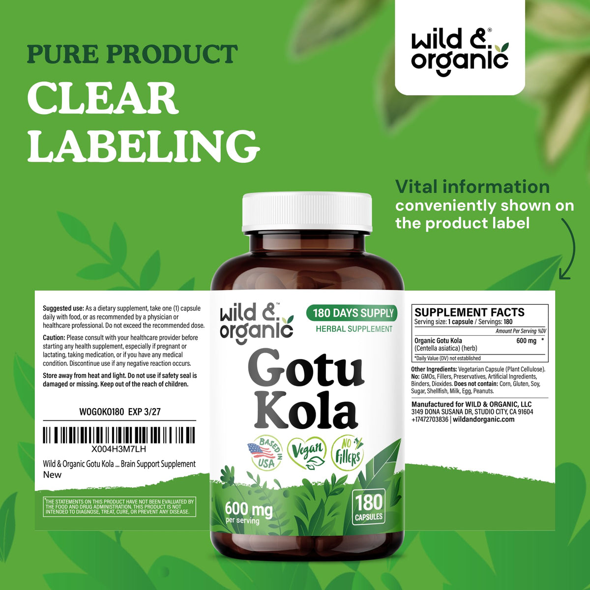 Vue arrière de la bouteille de capsules de Gotu Kola Wild & Organic