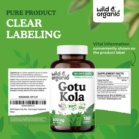 Vue arrière de la bouteille de capsules de Gotu Kola Wild & Organic