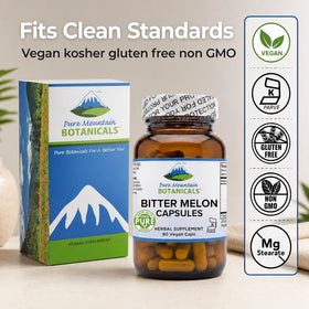 Vue arrière de la bouteille de capsules de melon amer