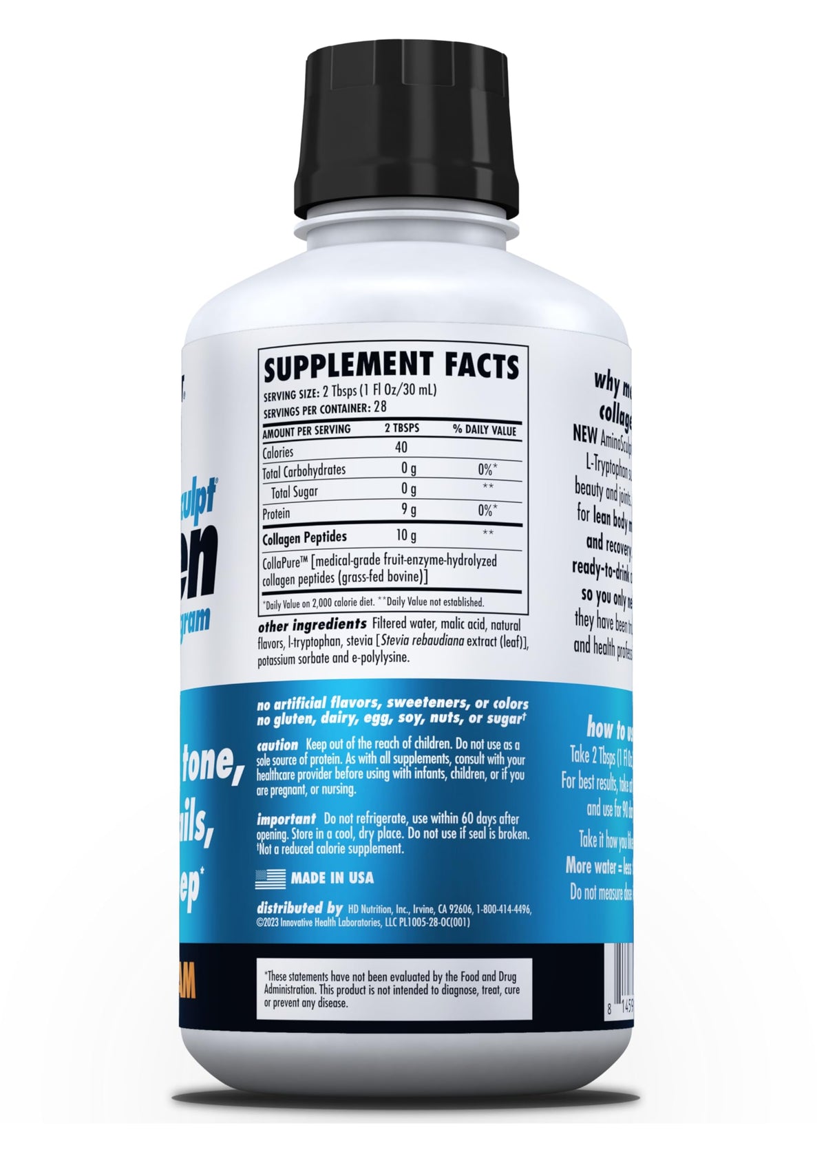 Vue arrière de la bouteille de collagène liquide HEALTH DIRECT AminoSculpt