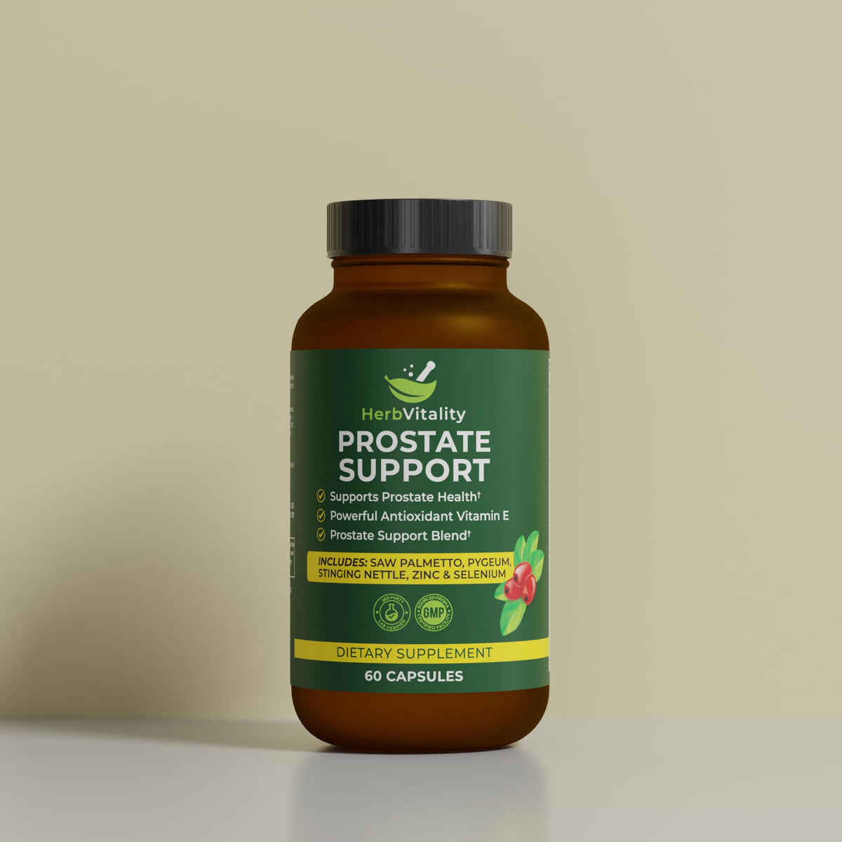 Vue arrière de la bouteille de complément alimentaire Herb Vitality Prostate