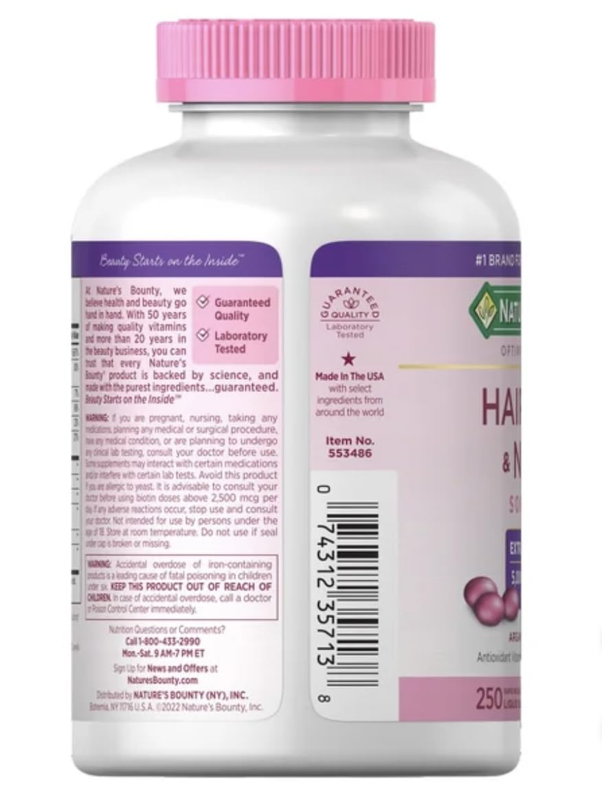 Vue arrière de la bouteille de Nature's Bounty 250 gélules